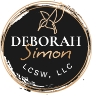 A circular logo with "Deborah Simon, LCSW, LLC" text and a stylized bird drawing on a black background with a gold border.