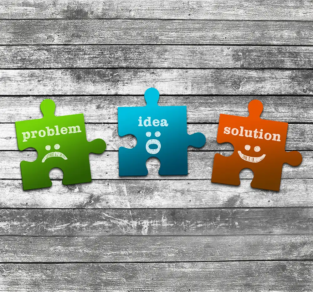 puzzle pieces with the words "problem", "idea", "solution"