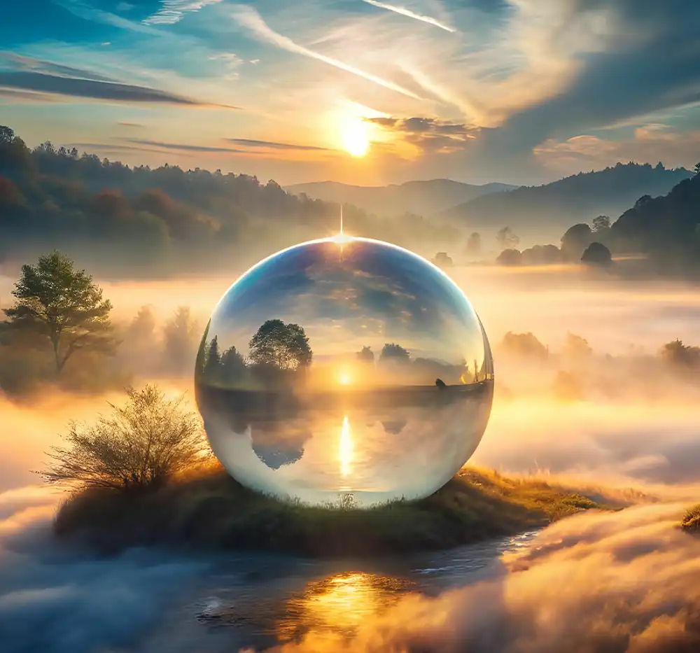 A reflective sphere on a misty landscape at sunrise, with trees and hills in the background.